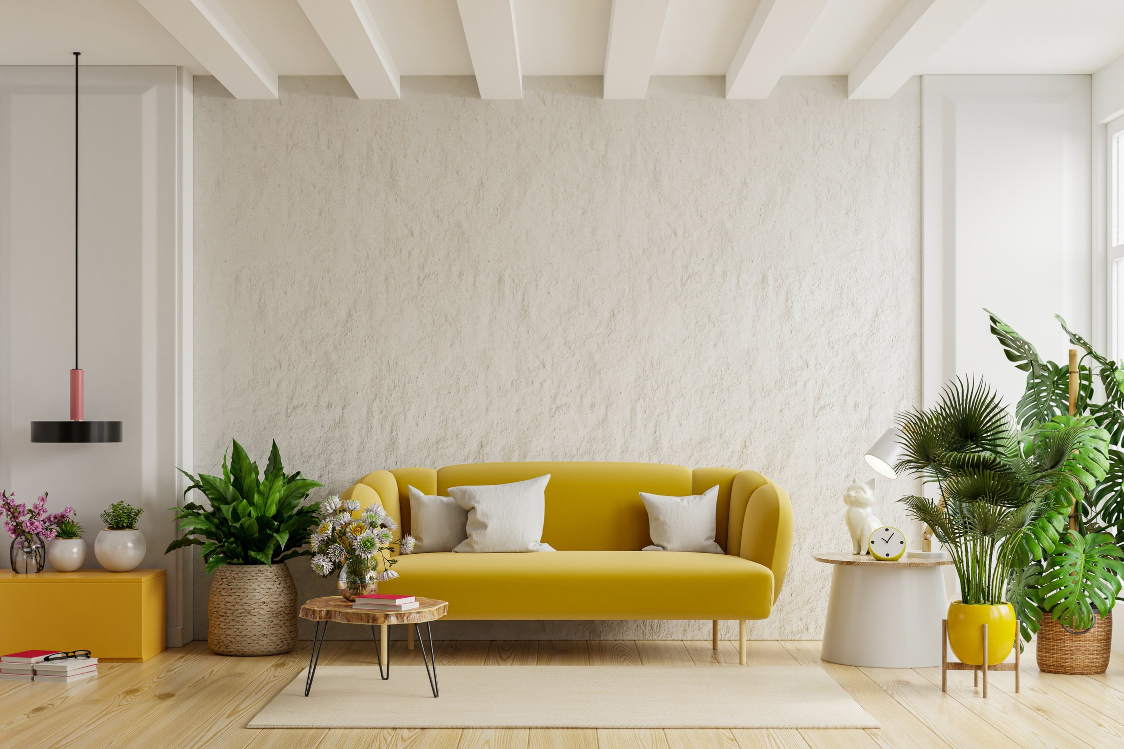 White Wall Living Room With Cozy Luxury Yellow Sofa