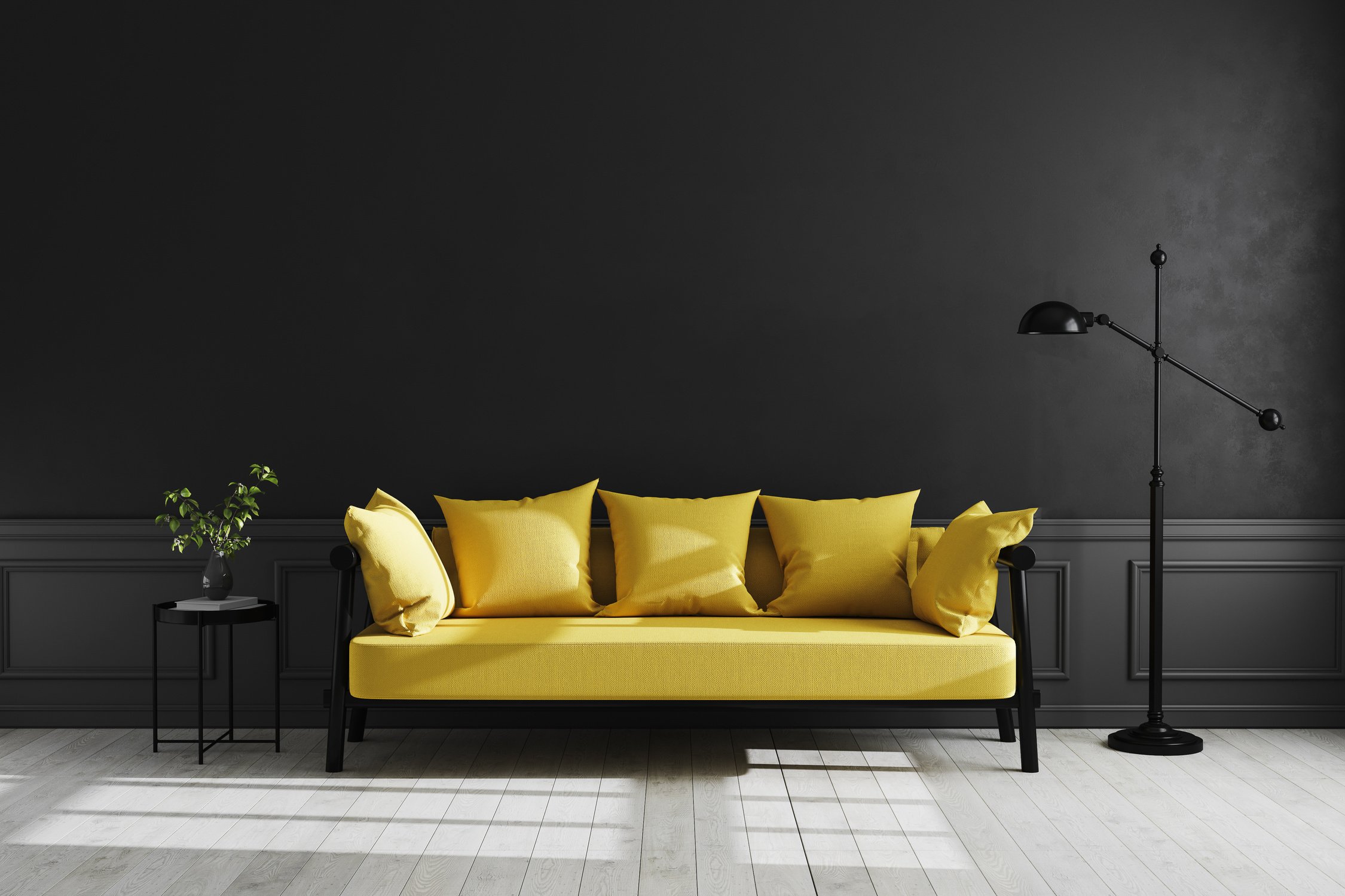 Dark Living Room with Yellow Sofa 3D Render